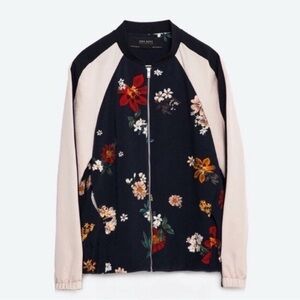 Zara Navy Floral Jacket with cream Sleeves